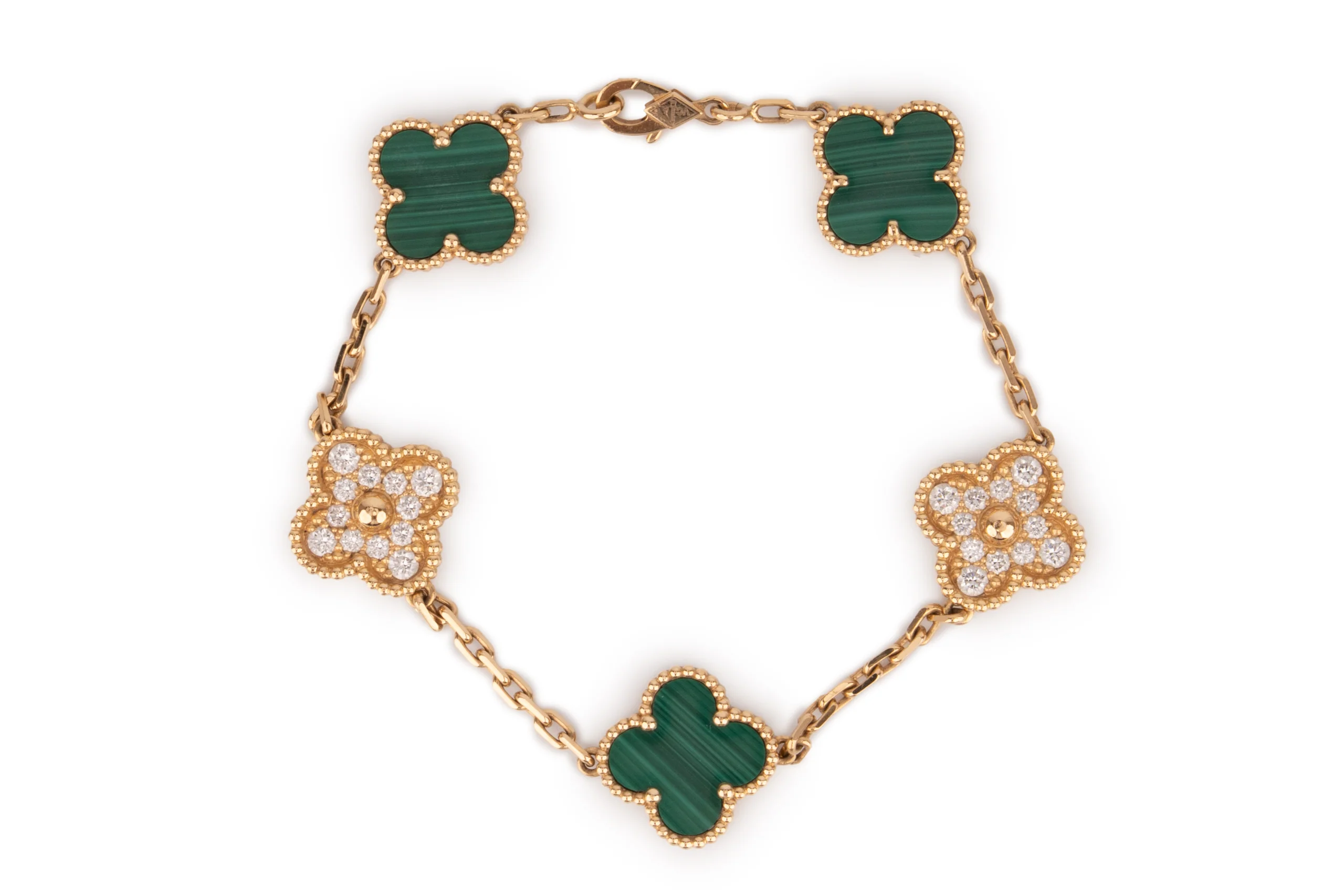 Van Cleef And Arpels Alhambra Bracelet 5 Motifs Malachite With Diamond Yellow Gold
