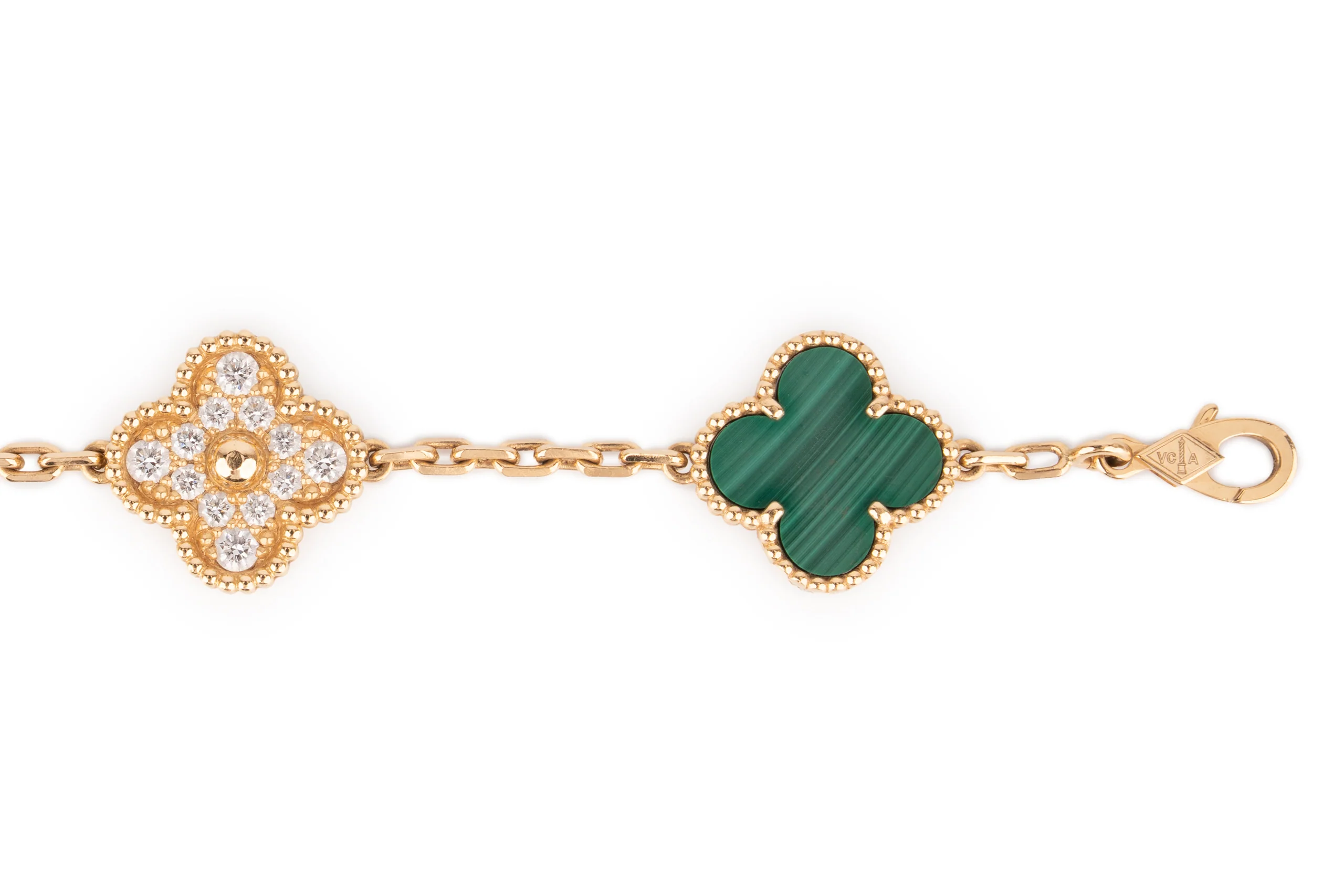 Van Cleef And Arpels Alhambra Bracelet 5 Motifs Malachite With Diamond Yellow Gold - Image 6