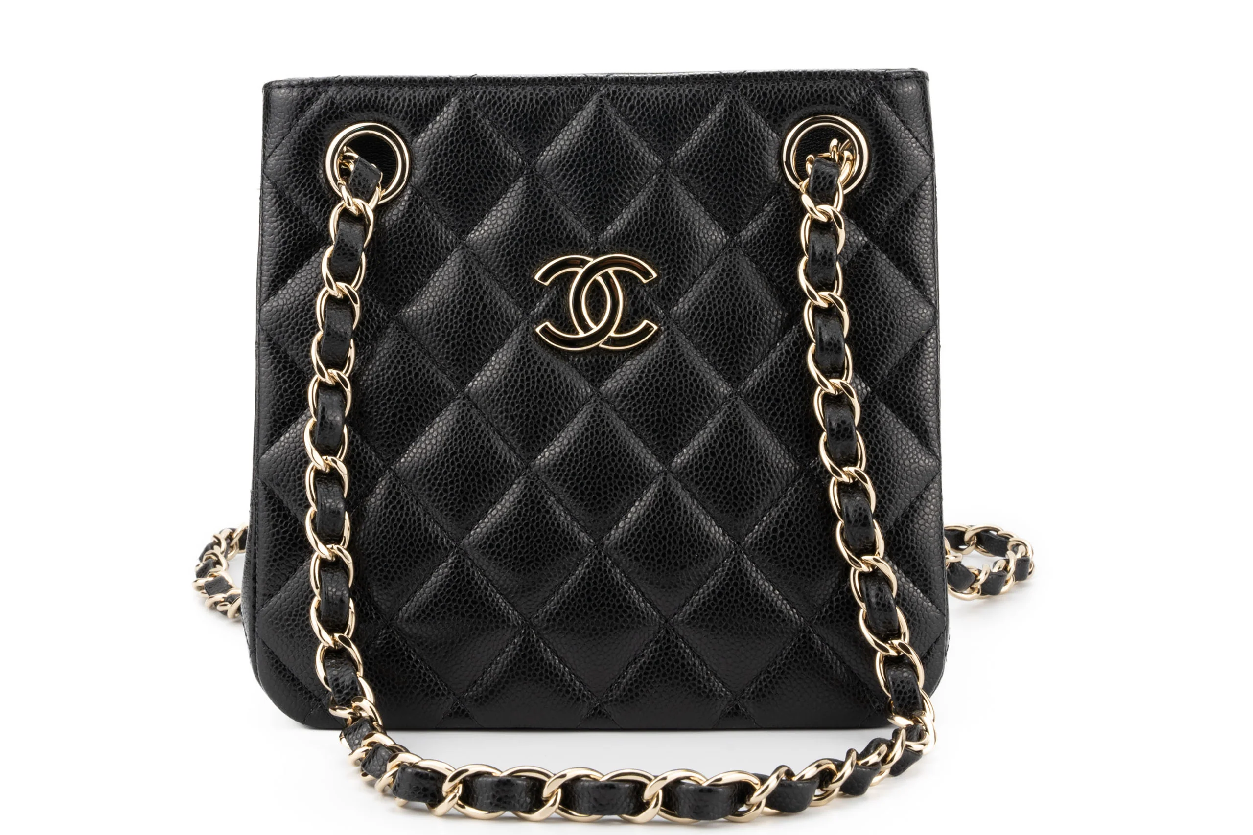 Chanel Drawstring Bag Caviar Black Champagne GHW - Image 13