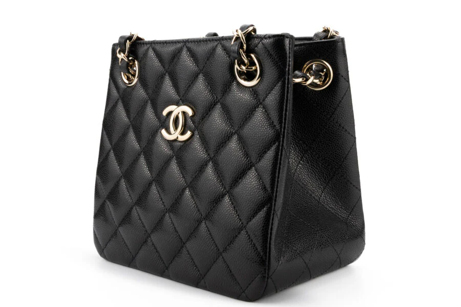Chanel Drawstring Bag Caviar Black Champagne GHW - Image 5