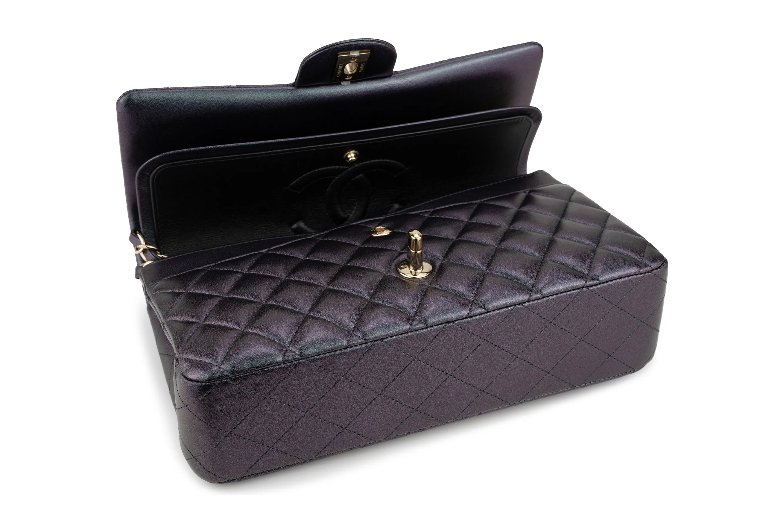 Chanel Med Classic Flap Calfskin Iridescent Champagne Black GHW - Image 12