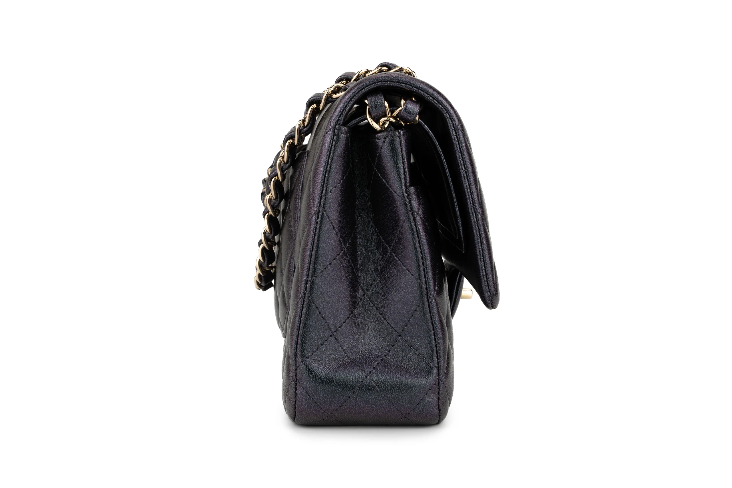 Chanel Med Classic Flap Calfskin Iridescent Champagne Black GHW - Image 4