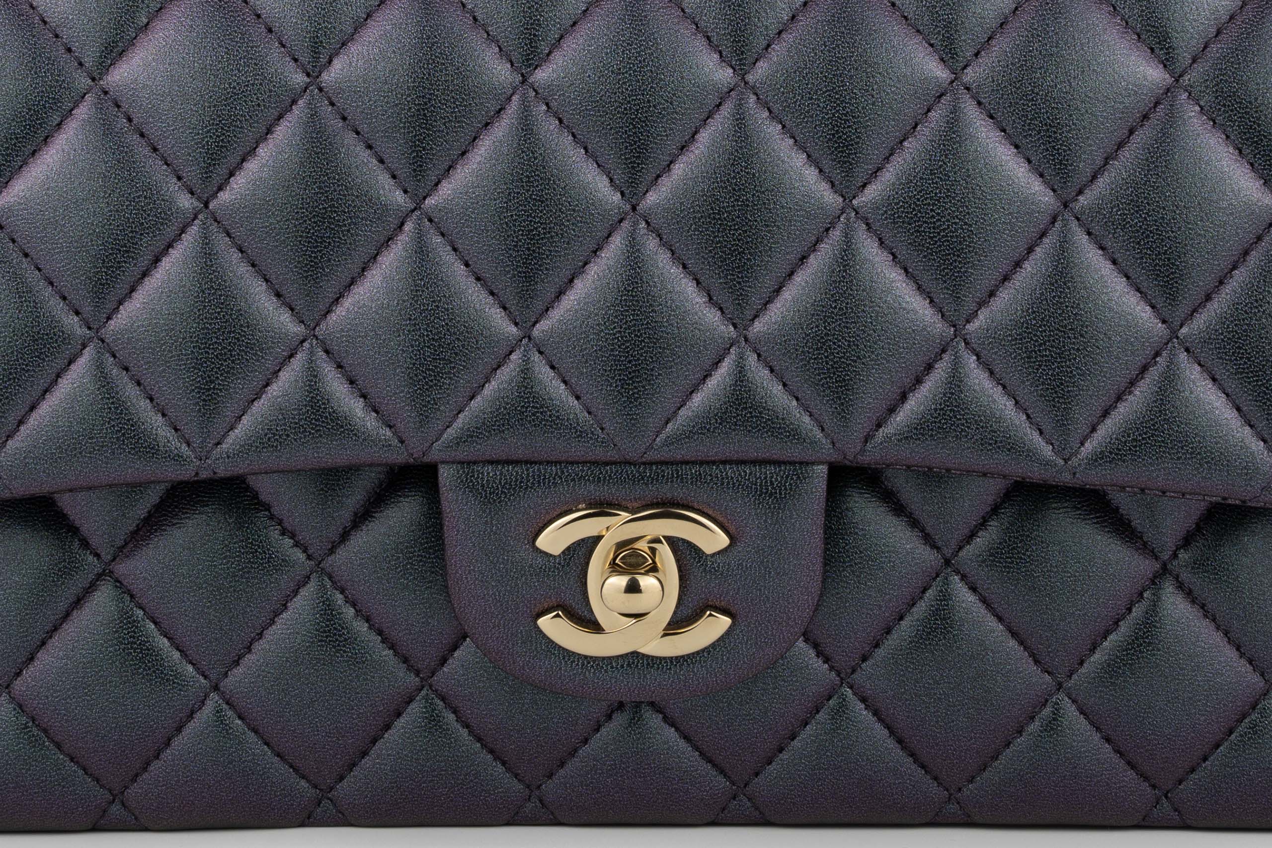 Chanel Med Classic Flap Calfskin Iridescent Champagne Black GHW - Image 7