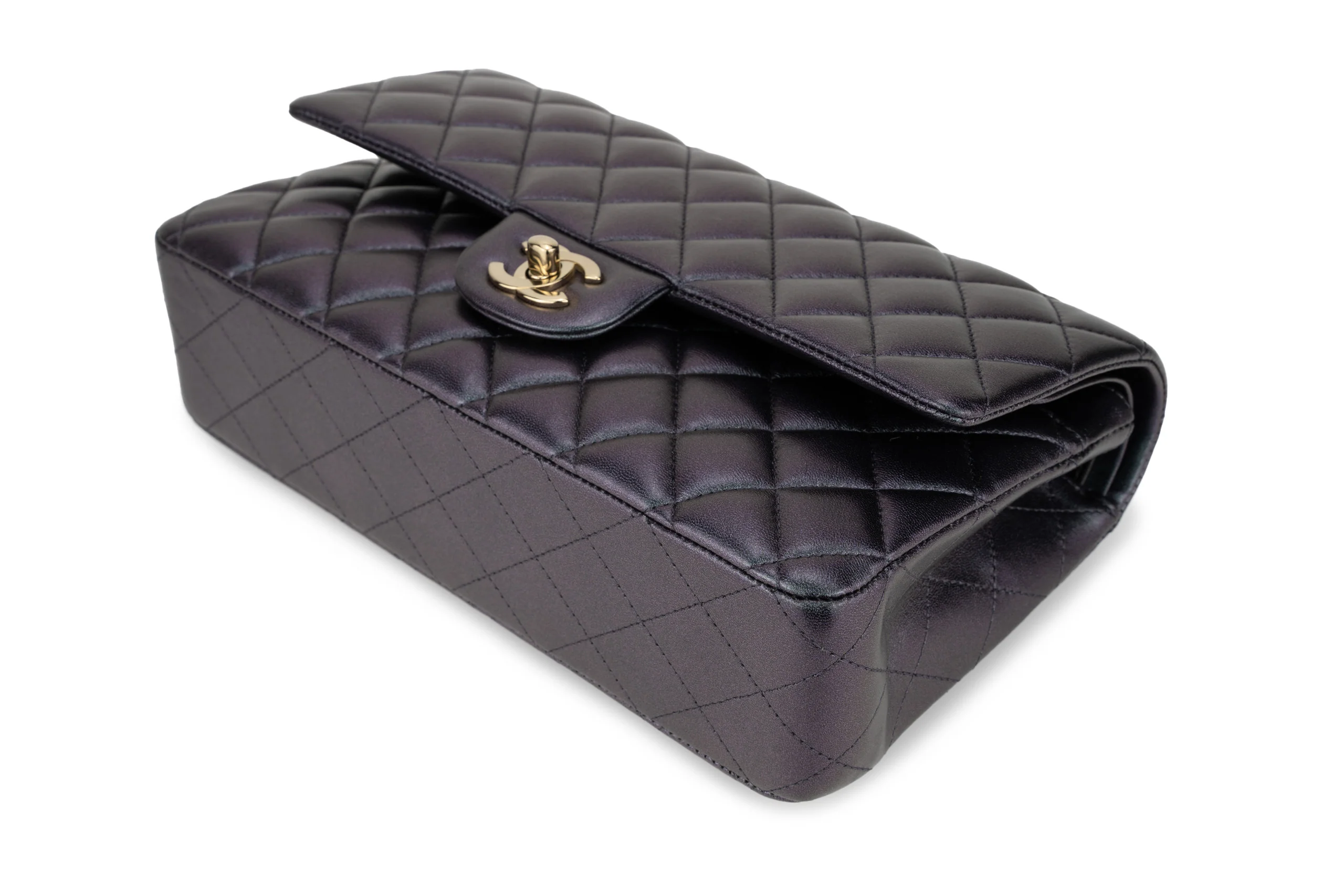 Chanel Med Classic Flap Calfskin Iridescent Champagne Black GHW - Image 8