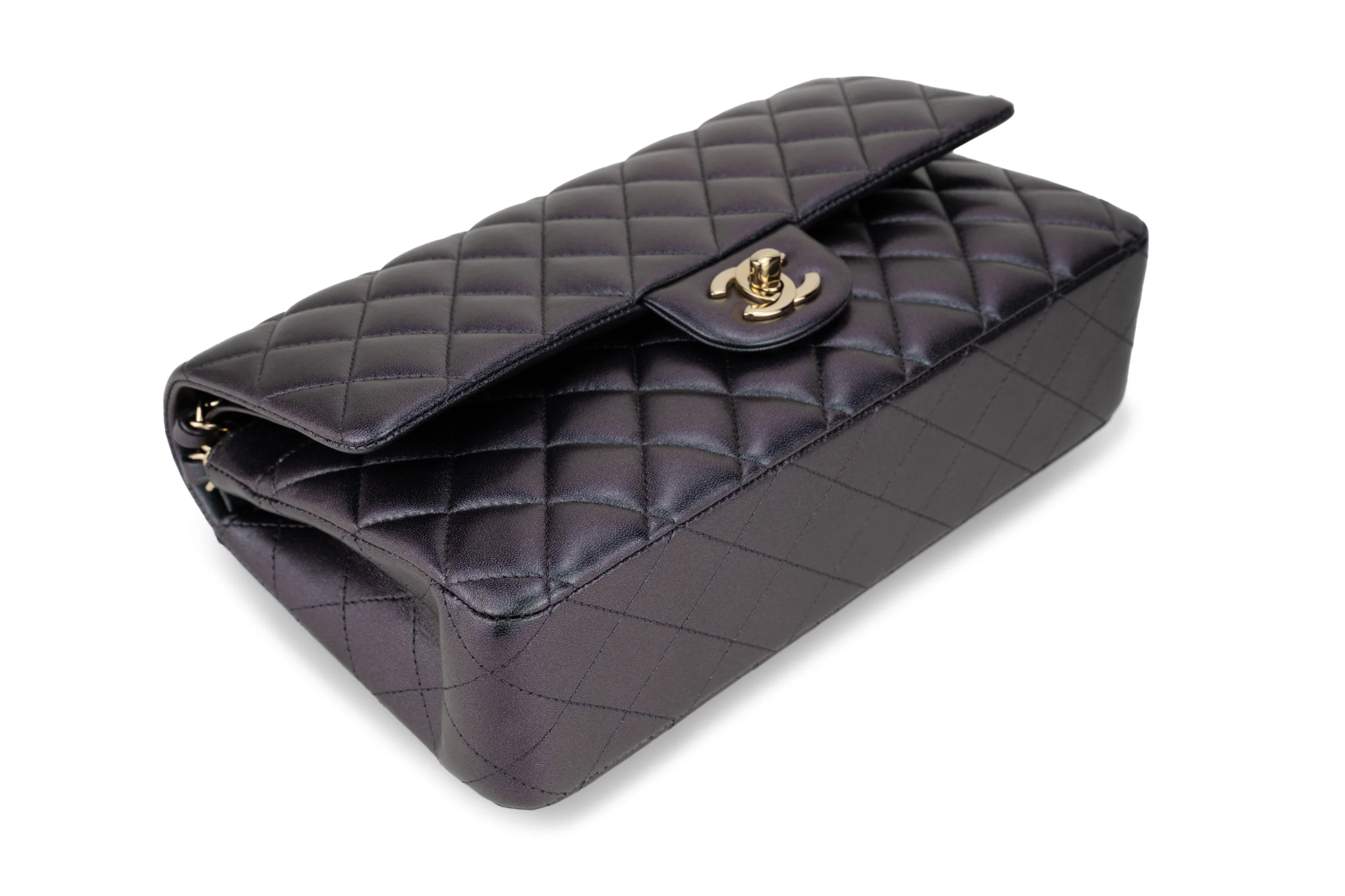Chanel Med Classic Flap Calfskin Iridescent Champagne Black GHW - Image 9