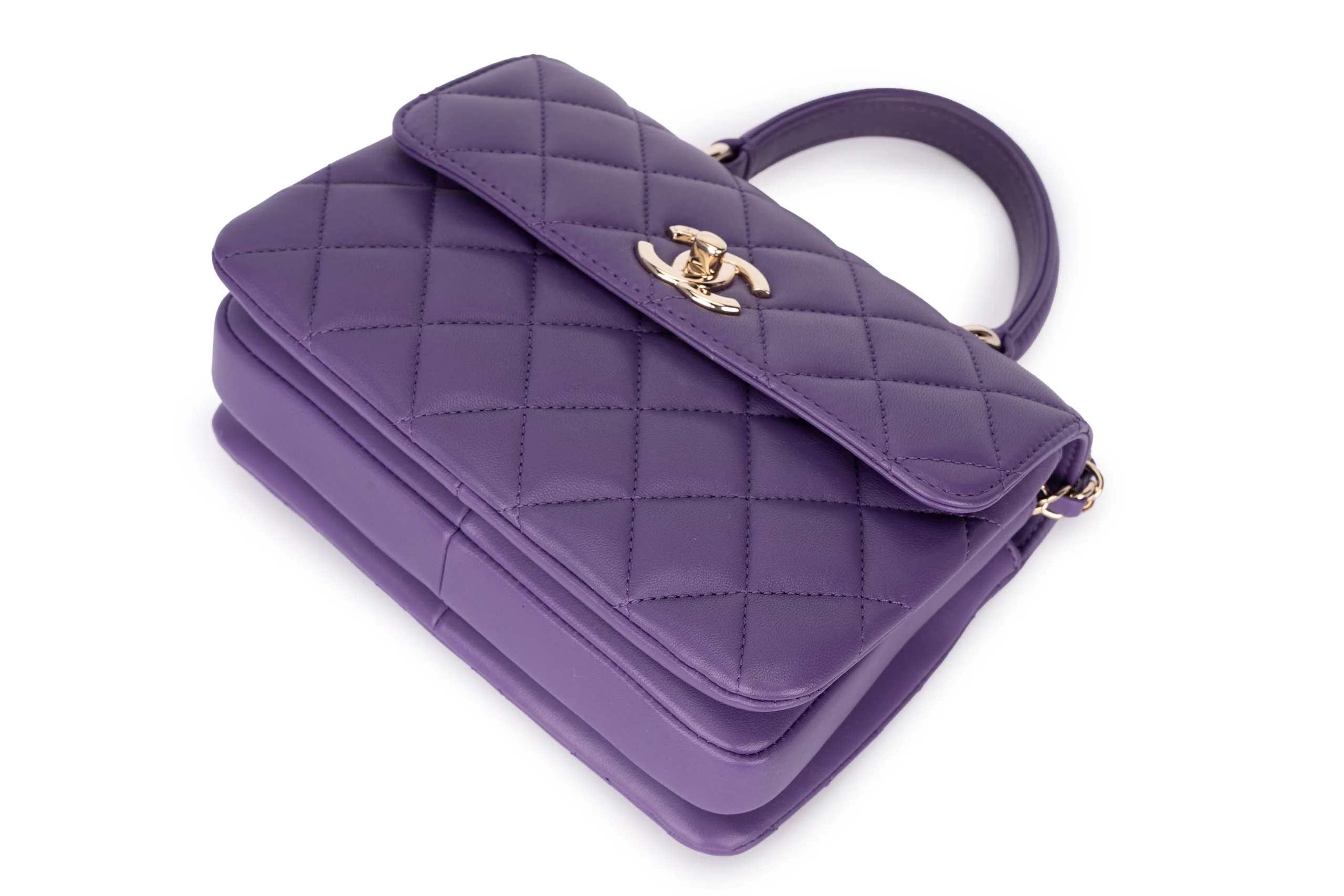 Chanel Mini Flap Bag With Handle Lambskin Purple Champagne GHW - Image 10