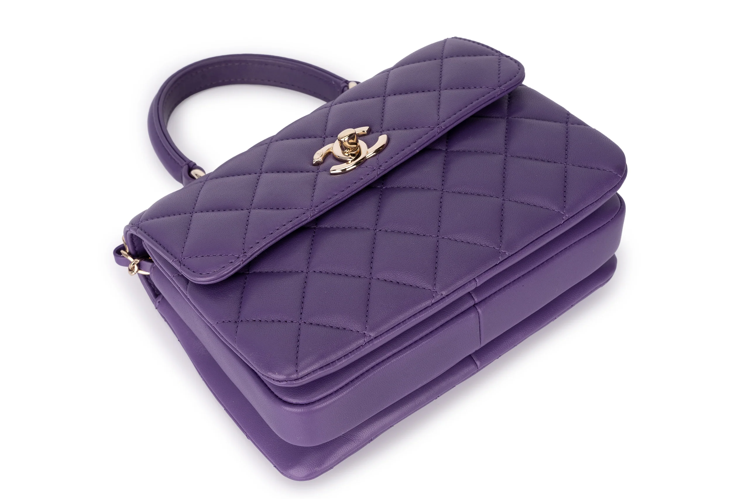 Chanel Mini Flap Bag With Handle Lambskin Purple Champagne GHW - Image 11