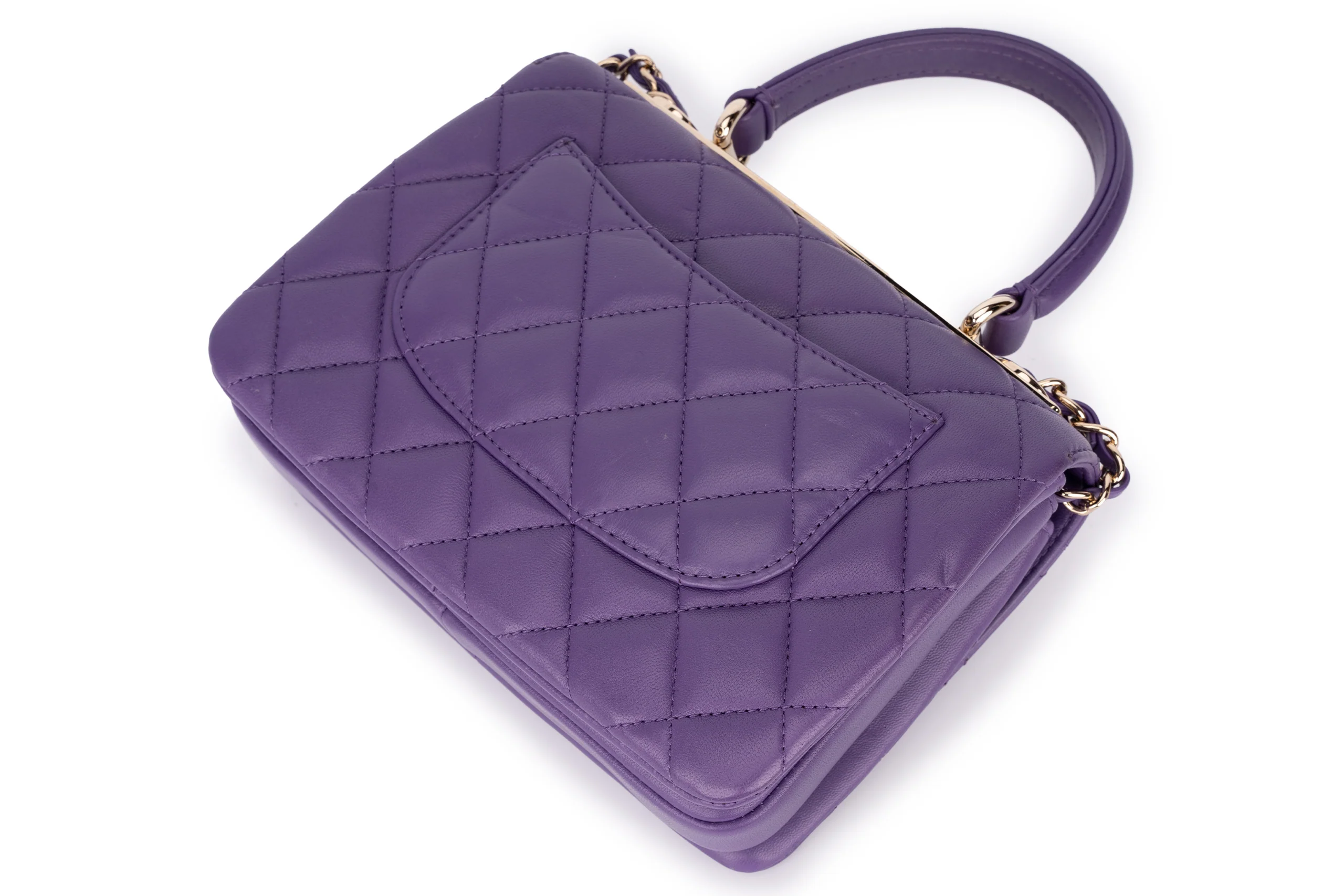 Chanel Mini Flap Bag With Handle Lambskin Purple Champagne GHW - Image 13