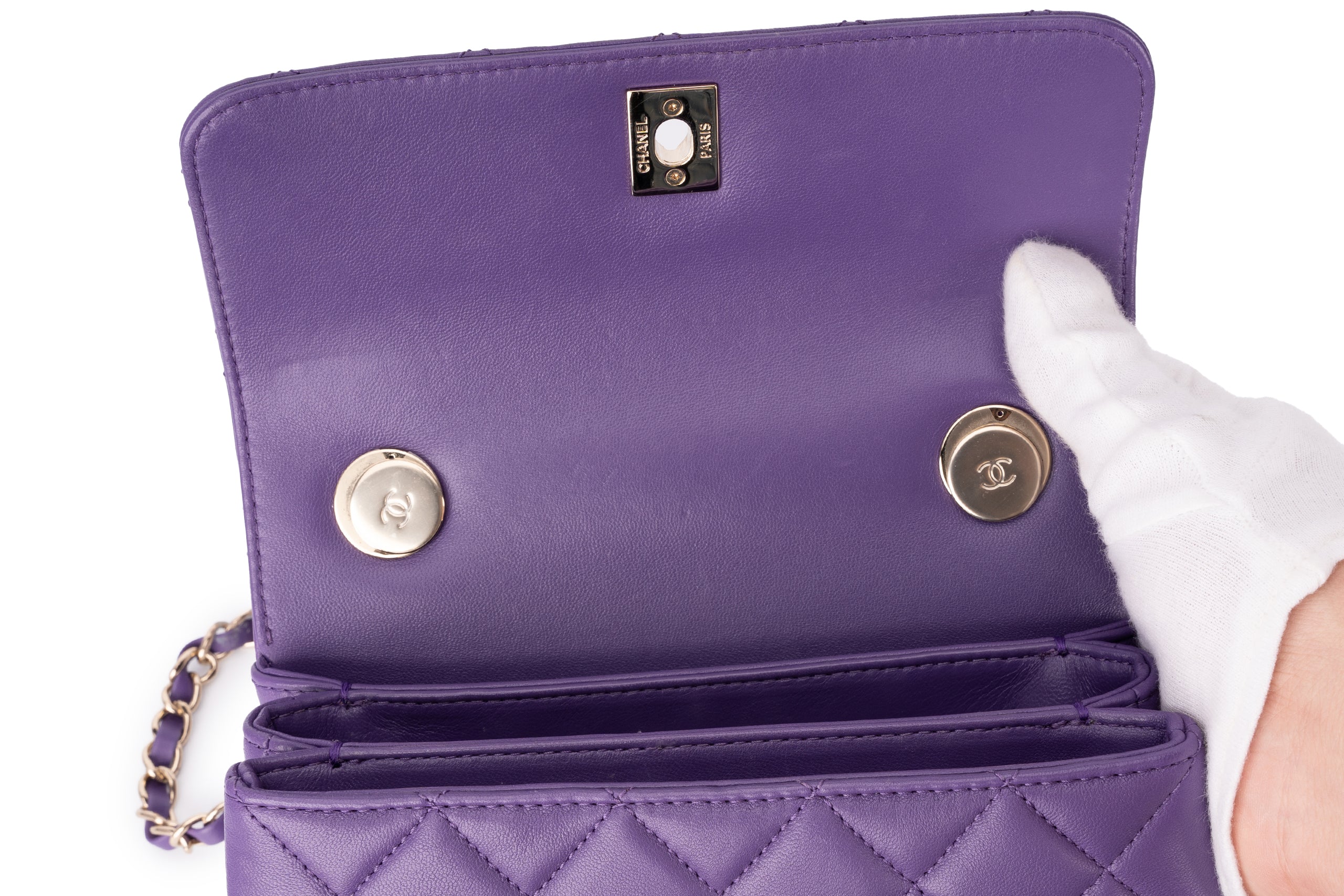 Chanel Mini Flap Bag With Handle Lambskin Purple Champagne GHW - Image 14