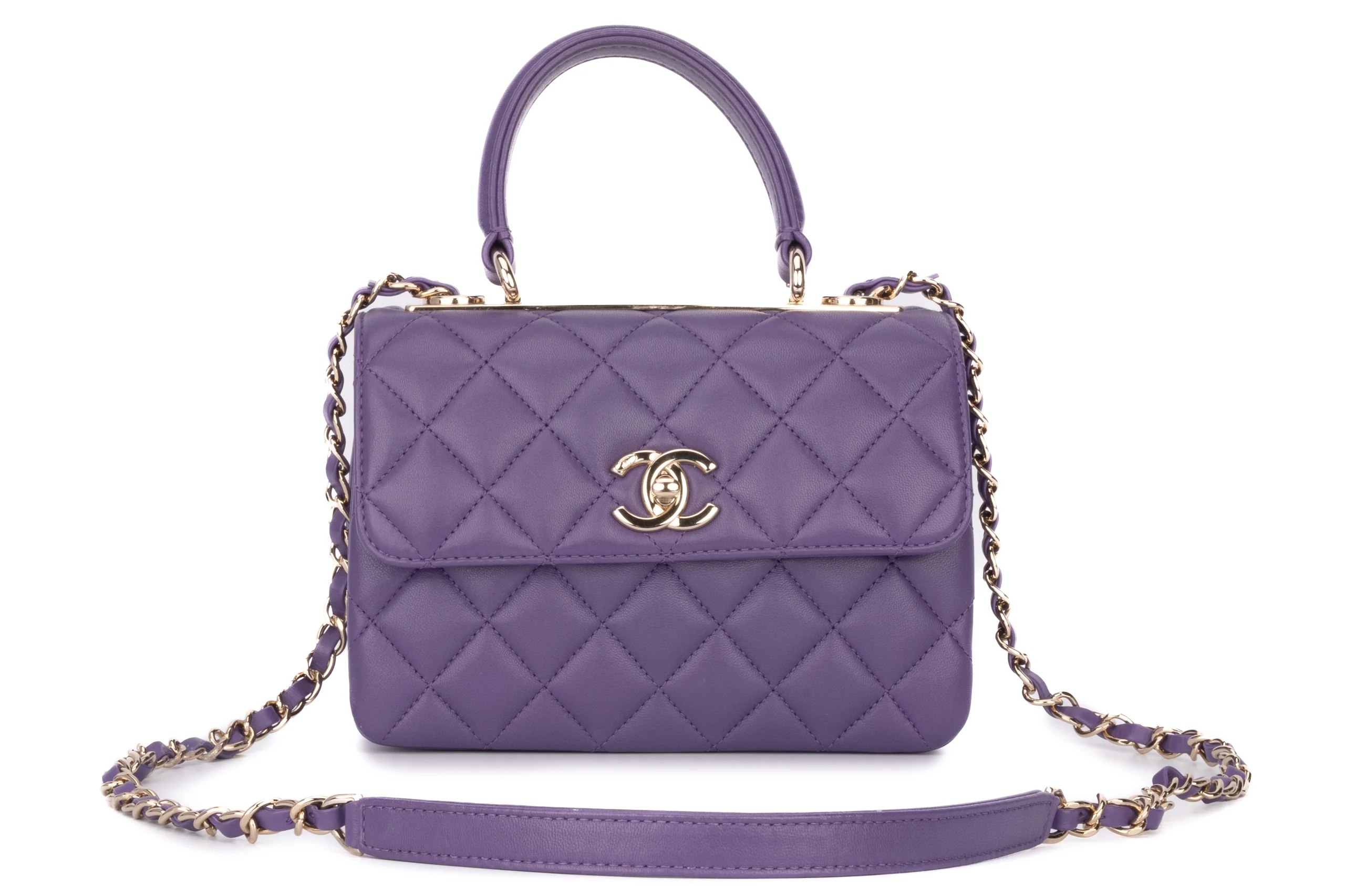 Chanel Mini Flap Bag With Handle Lambskin Purple Champagne GHW - Image 17