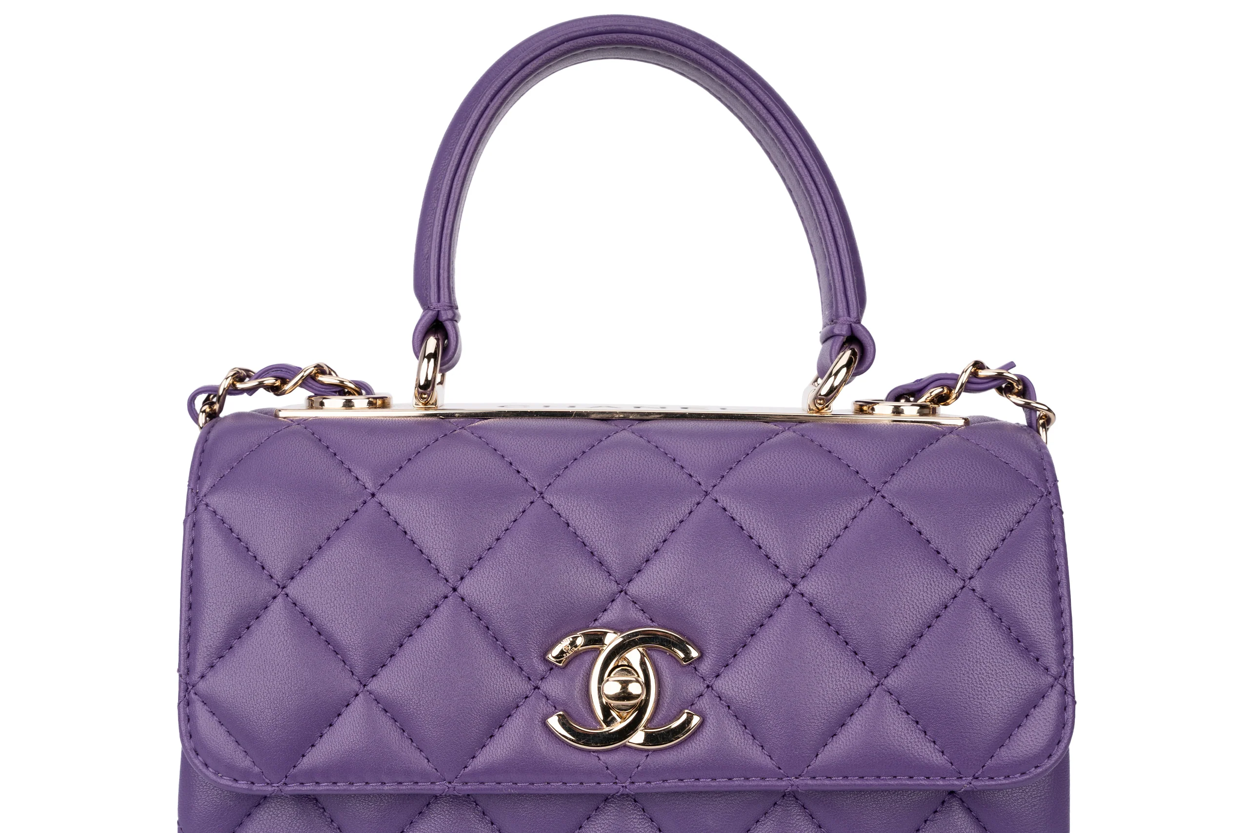Chanel Mini Flap Bag With Handle Lambskin Purple Champagne GHW - Image 7