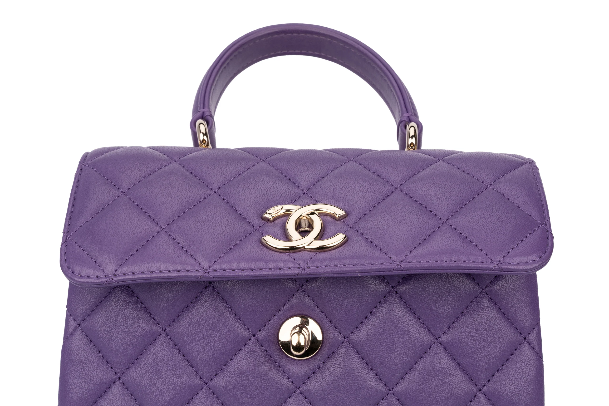 Chanel Mini Flap Bag With Handle Lambskin Purple Champagne GHW - Image 8