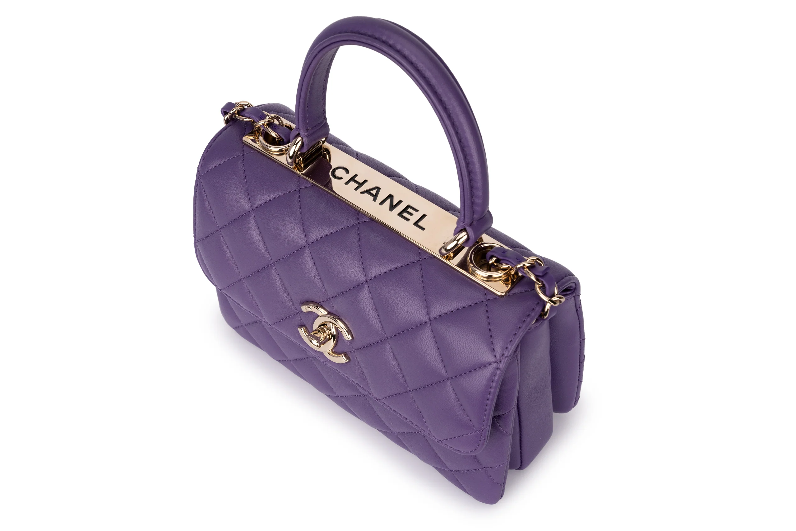 Chanel Mini Flap Bag With Handle Lambskin Purple Champagne GHW - Image 9