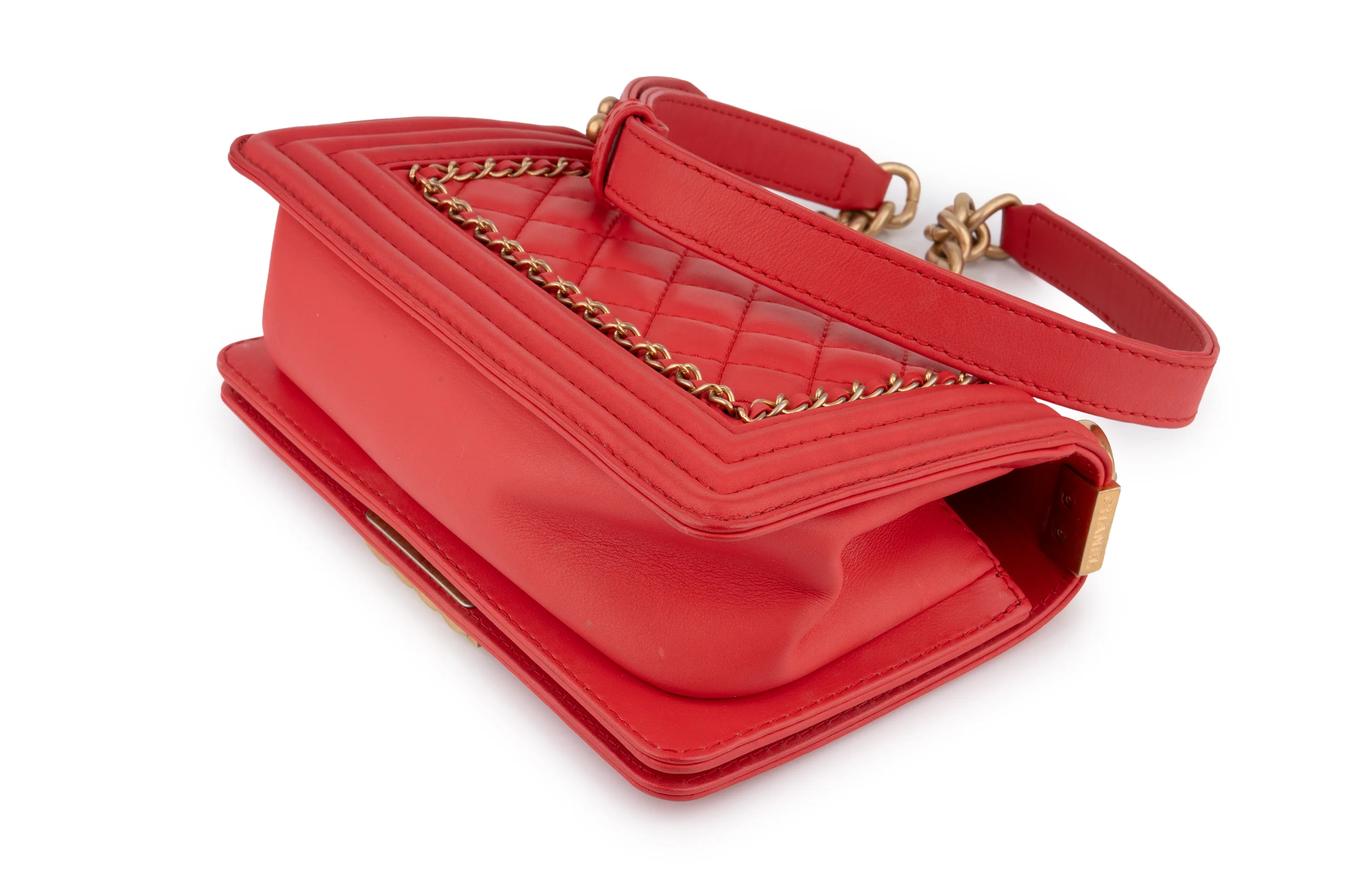 Chanel Quilted Chain Around Small Boy	Lamskin	Watermelon Red	GHW - Image 10