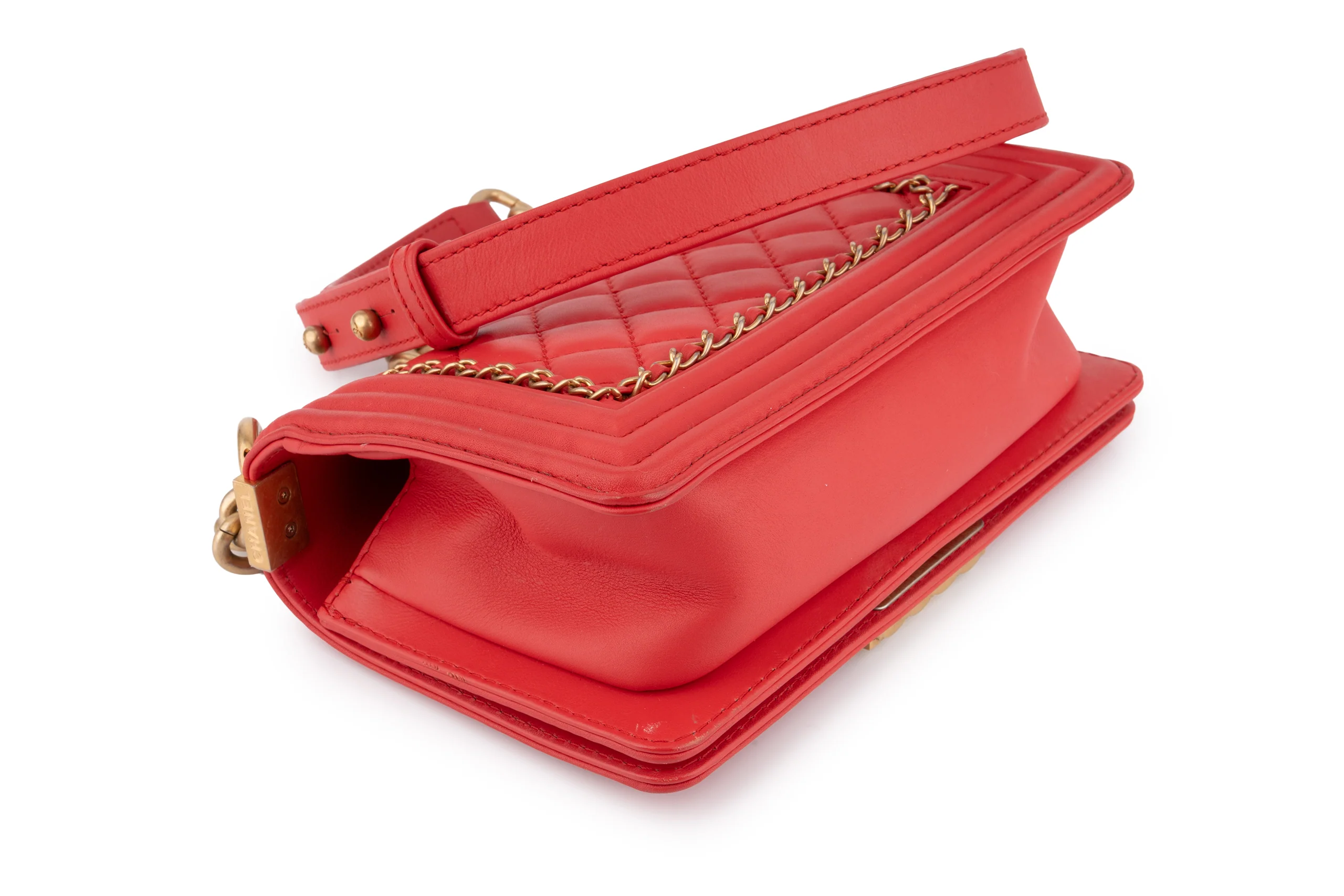 Chanel Quilted Chain Around Small Boy	Lamskin	Watermelon Red	GHW - Image 11