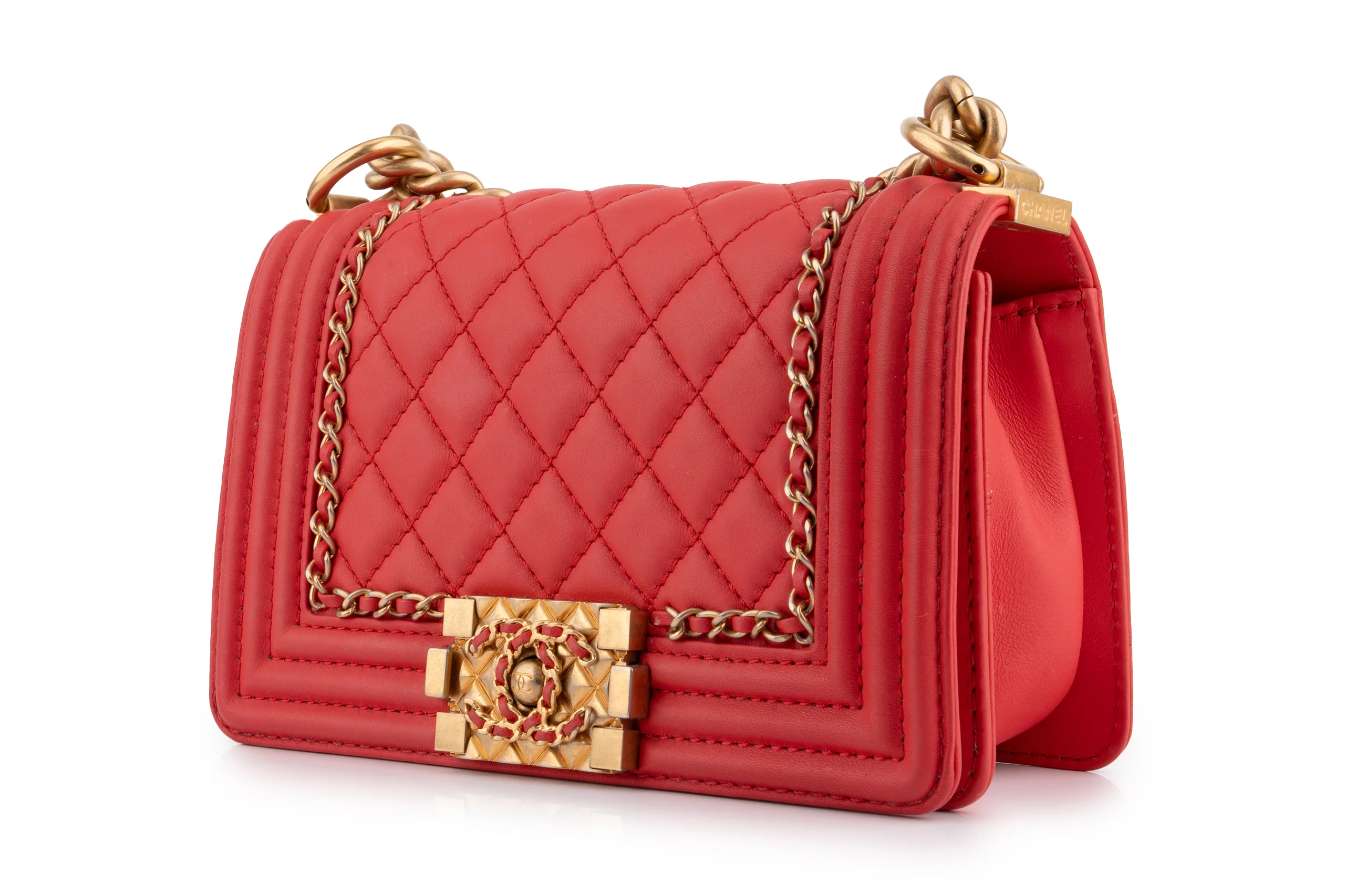 Chanel Quilted Chain Around Small Boy	Lamskin	Watermelon Red	GHW - Image 2