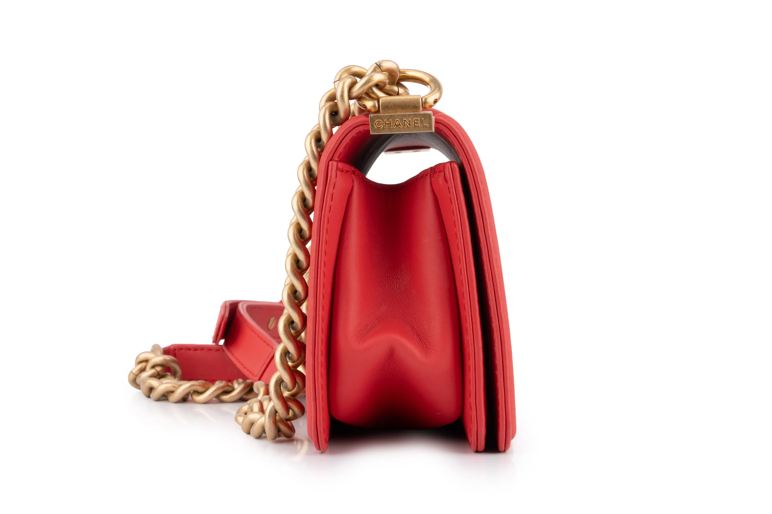 Chanel Quilted Chain Around Small Boy	Lamskin	Watermelon Red	GHW - Image 5