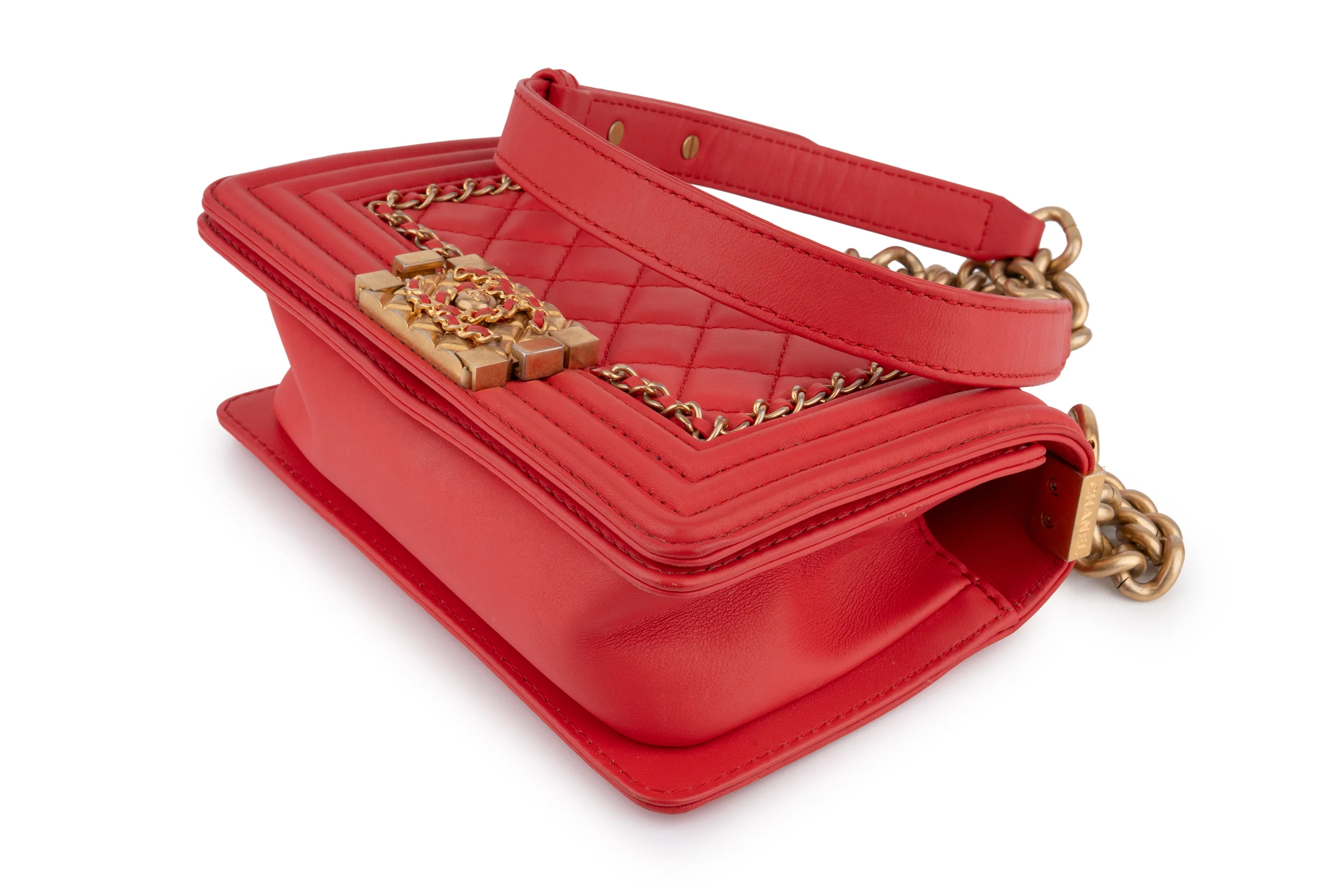 Chanel Quilted Chain Around Small Boy	Lamskin	Watermelon Red	GHW - Image 8