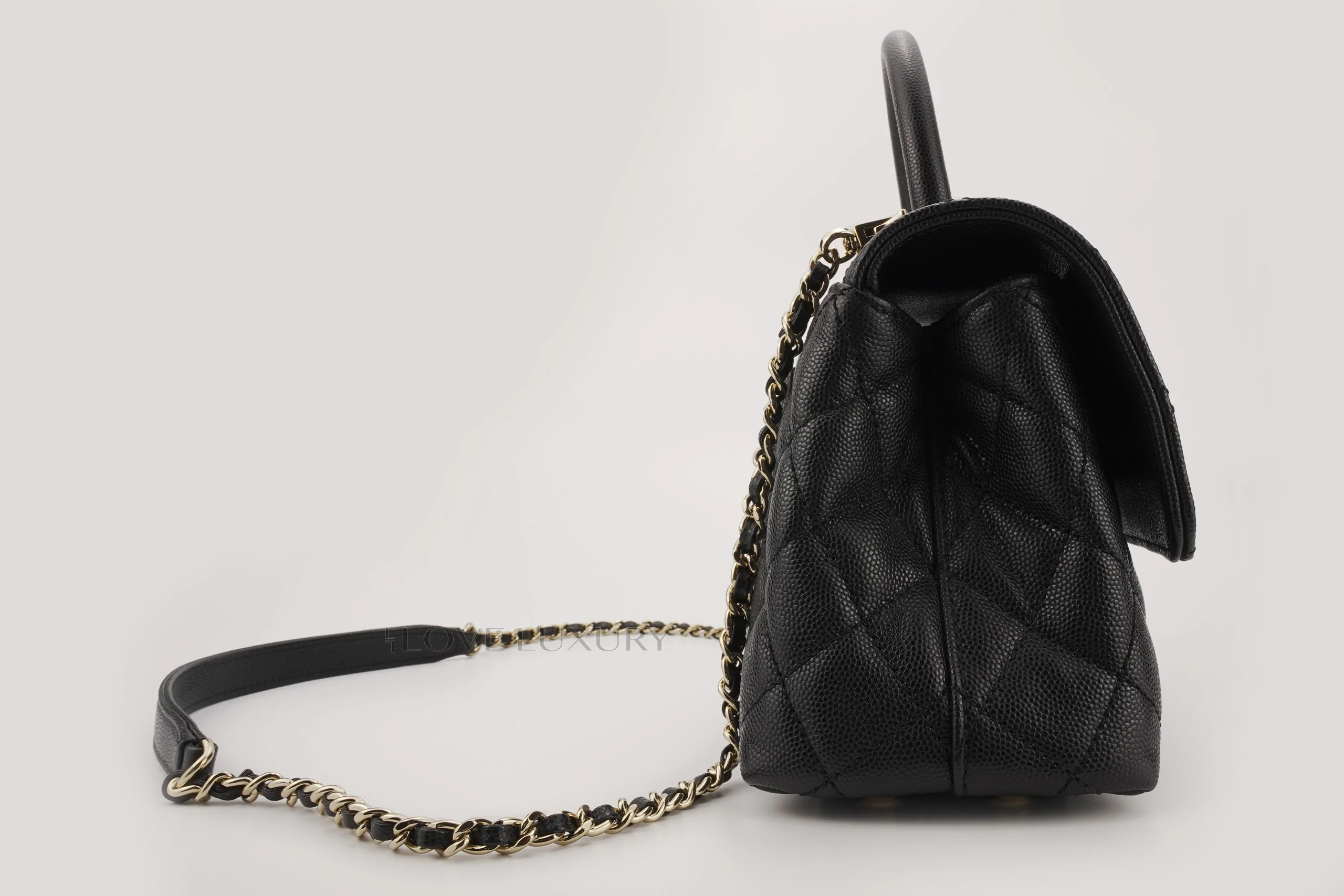 Chanel Small Coco Top Handle Flap Caviar Black Champagne GHW - Image 3