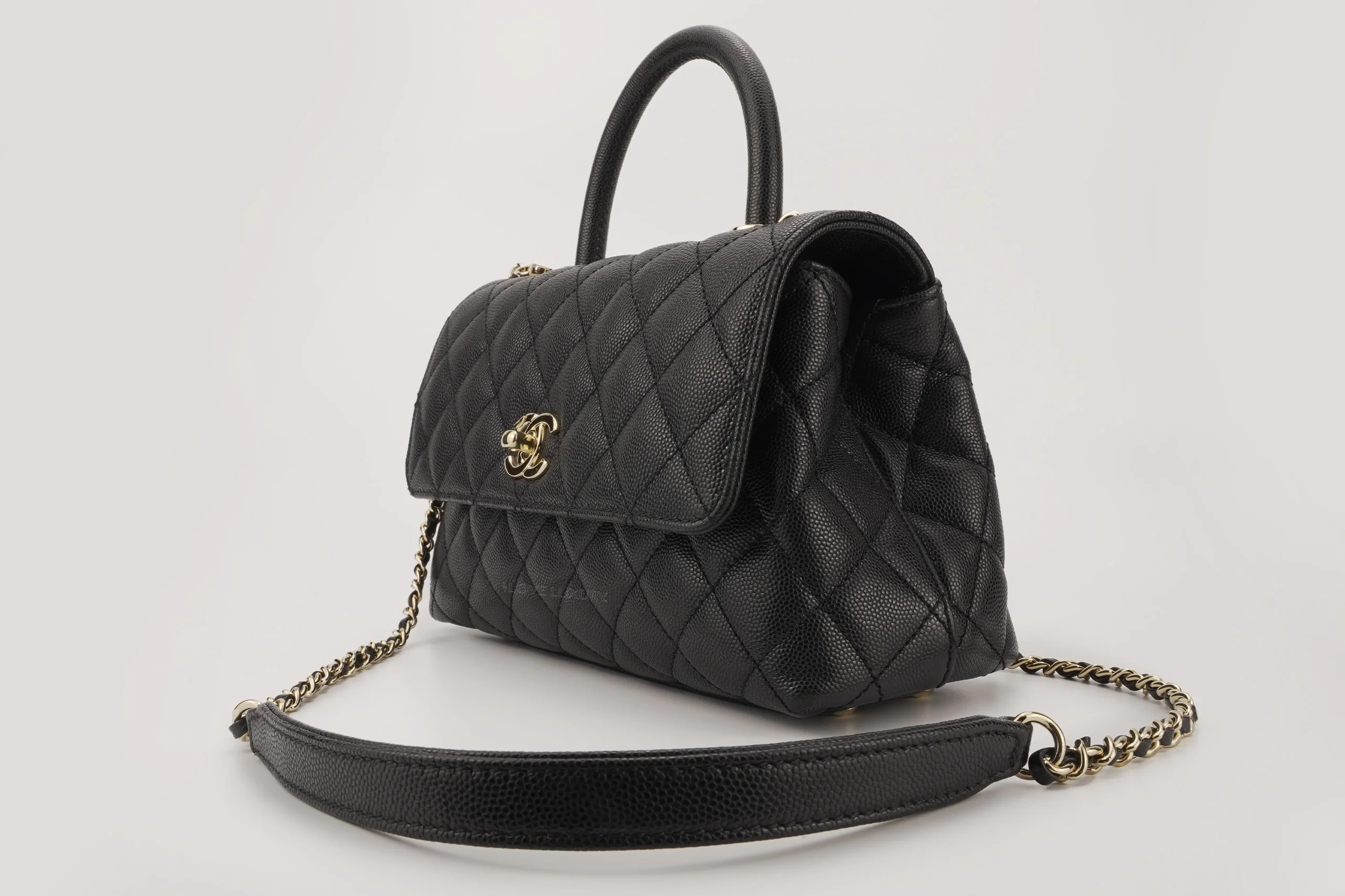 Chanel Small Coco Top Handle Flap Caviar Black Champagne GHW - Image 6