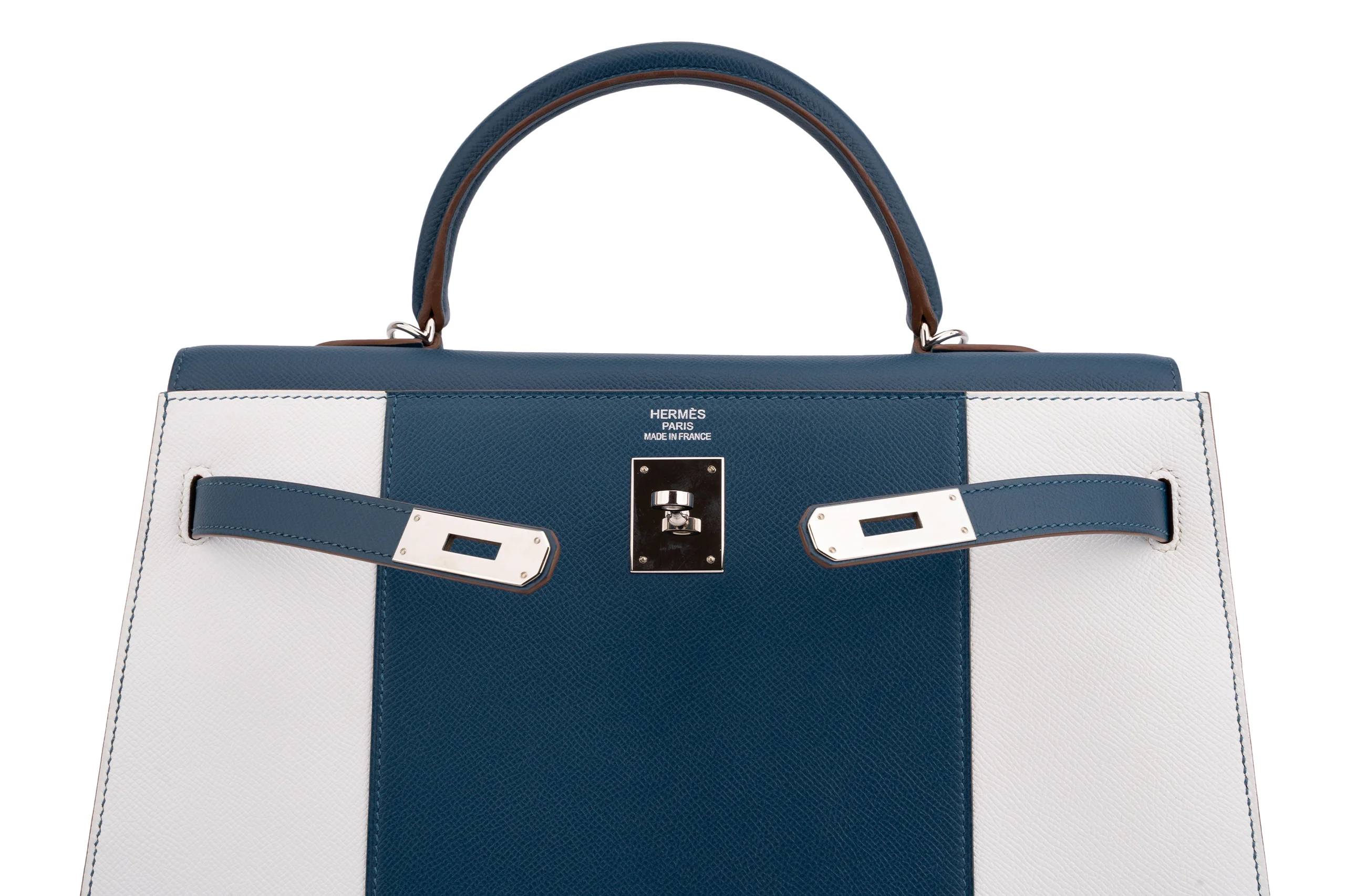 Hermès Kelly 35  Sellier Limited Edition	Epsom	Bi Colour White / Blue Thalassa	PHW - Image 9
