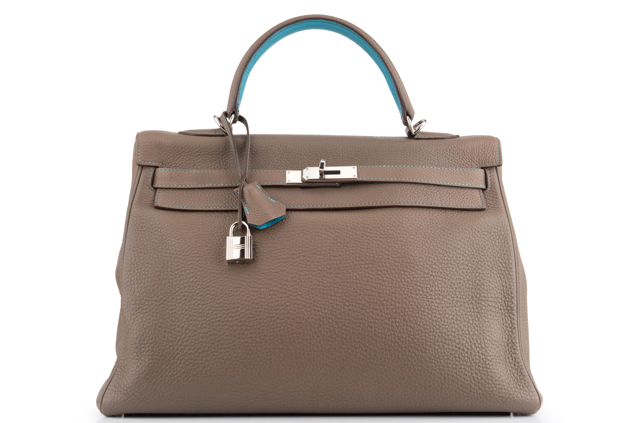 Hermès Kelly 35		 Togo 	Etoupe Verso Bleu Izmir 	PHW