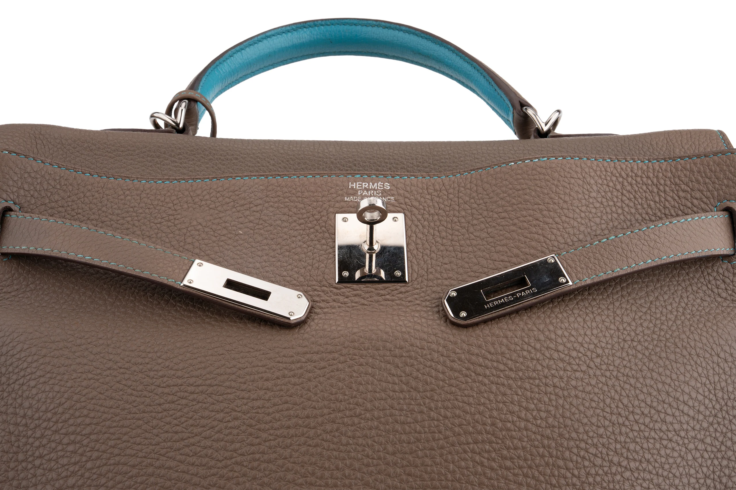 Hermès Kelly 35		 Togo 	Etoupe Verso Bleu Izmir 	PHW - Image 9