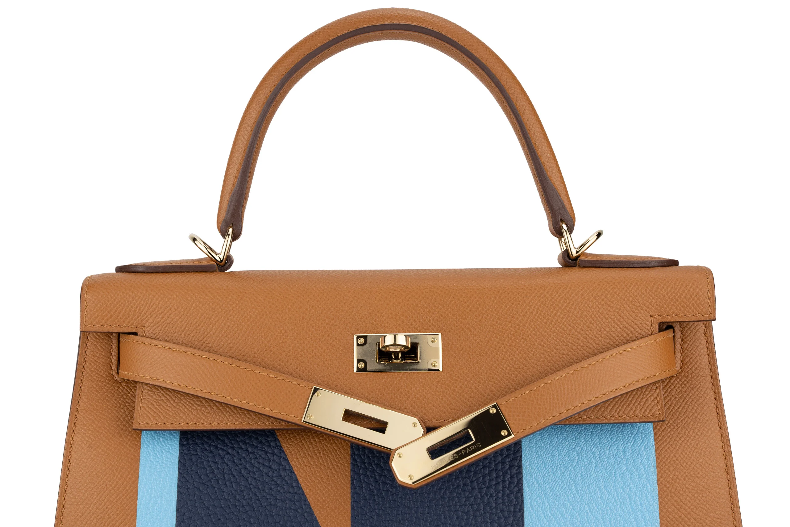 Hermès Kelly Graphie 28 Hss “Epsom,Clemence, Chevre” “Bronze Dore, Bleu Saphir,Celeste” PBHW - Image 8