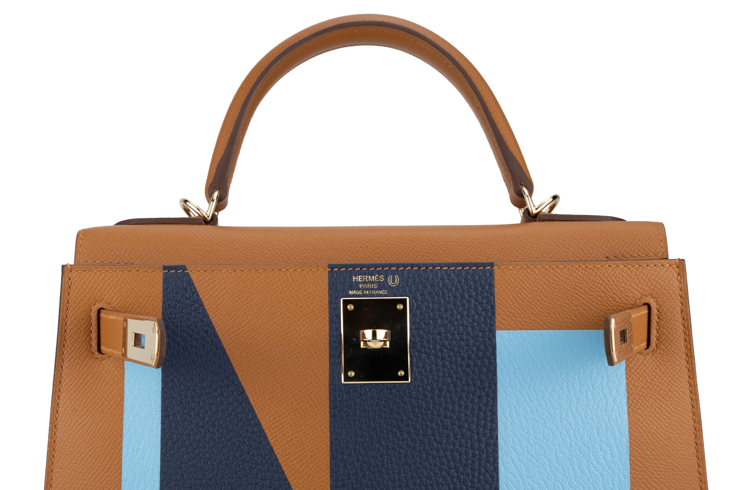Hermès Kelly Graphie 28 Hss “Epsom,Clemence, Chevre” “Bronze Dore, Bleu Saphir,Celeste” PBHW - Image 9