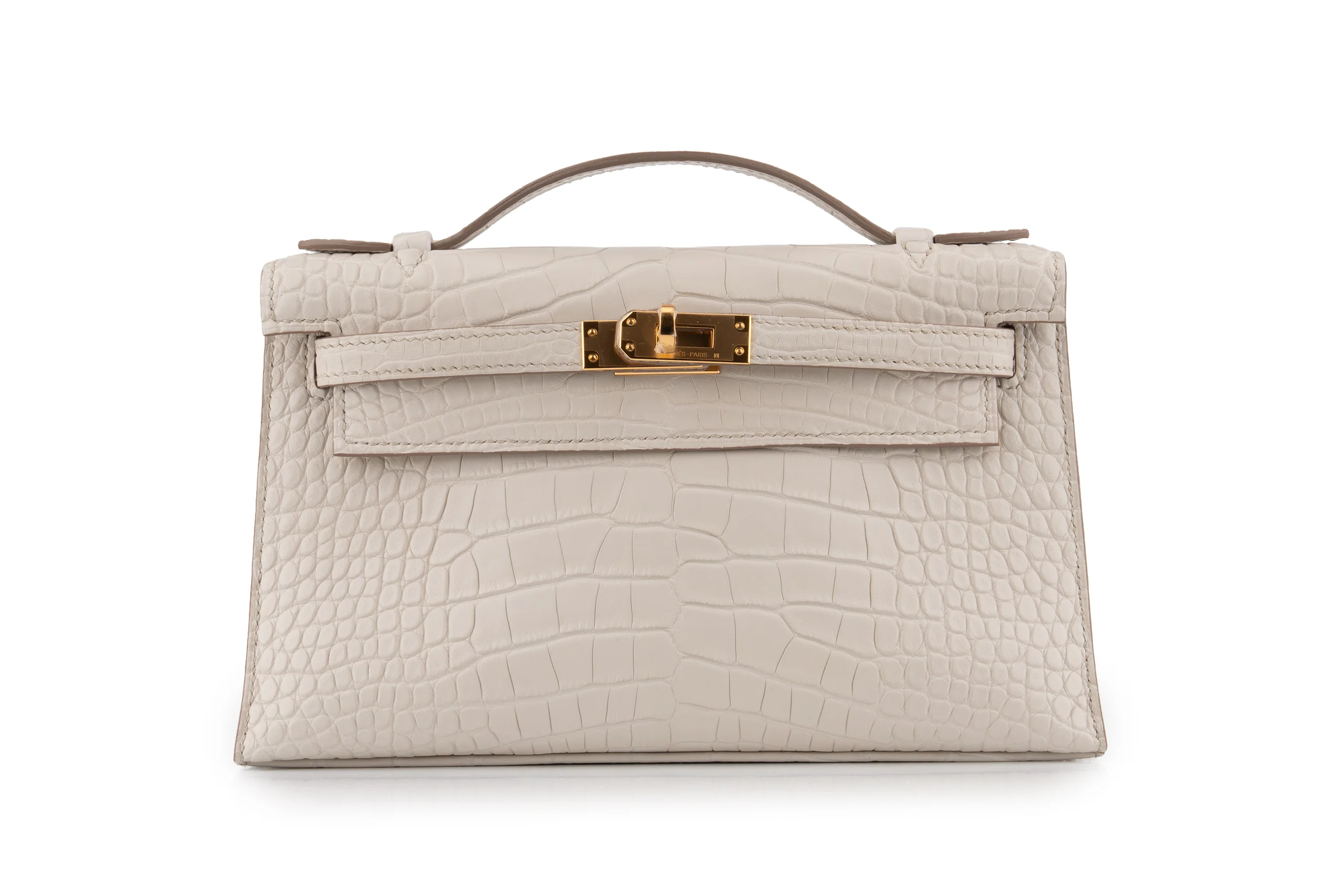 Hermès Kelly Pochette Matte Alligator Mississippian Beton GHW