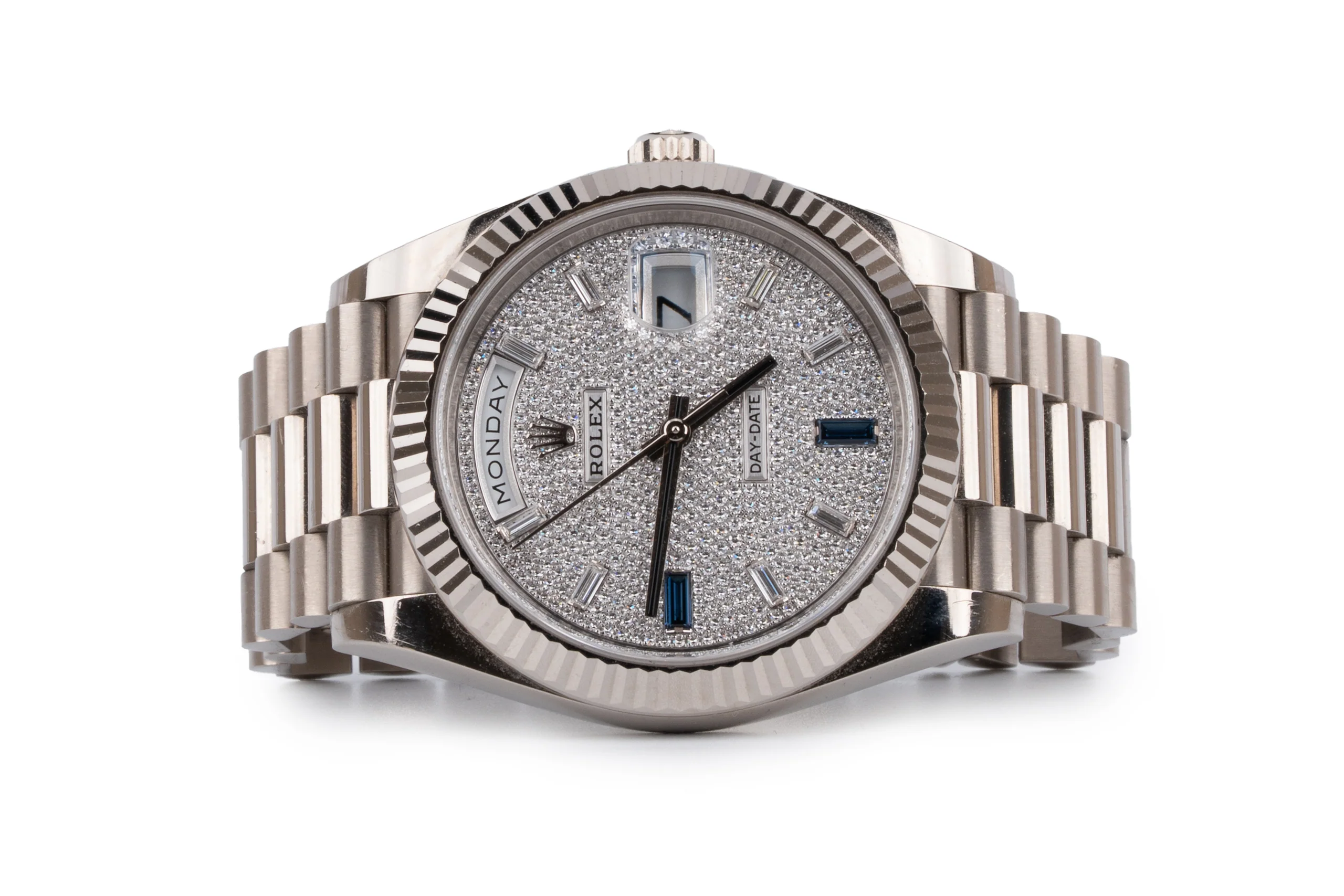 Rolex Day Date White Gold Diamond Paved Sapphire Dial 40mm