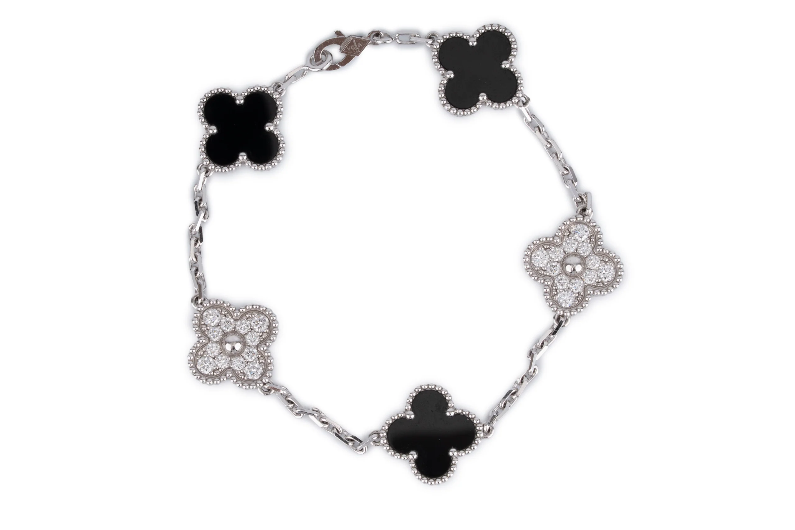 Van Cleef And Arpels Vintage Alhambra Bracelet	5 Motif White Gold  Onyx & Diamond