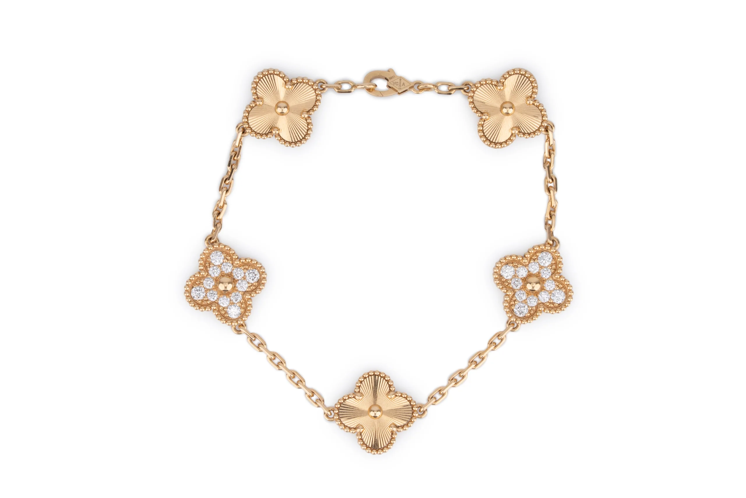 Van Cleef And Arpels Vintage Alhambra	Bracelet	5 Motif	Yellow Gold	Guilloche & Diamond