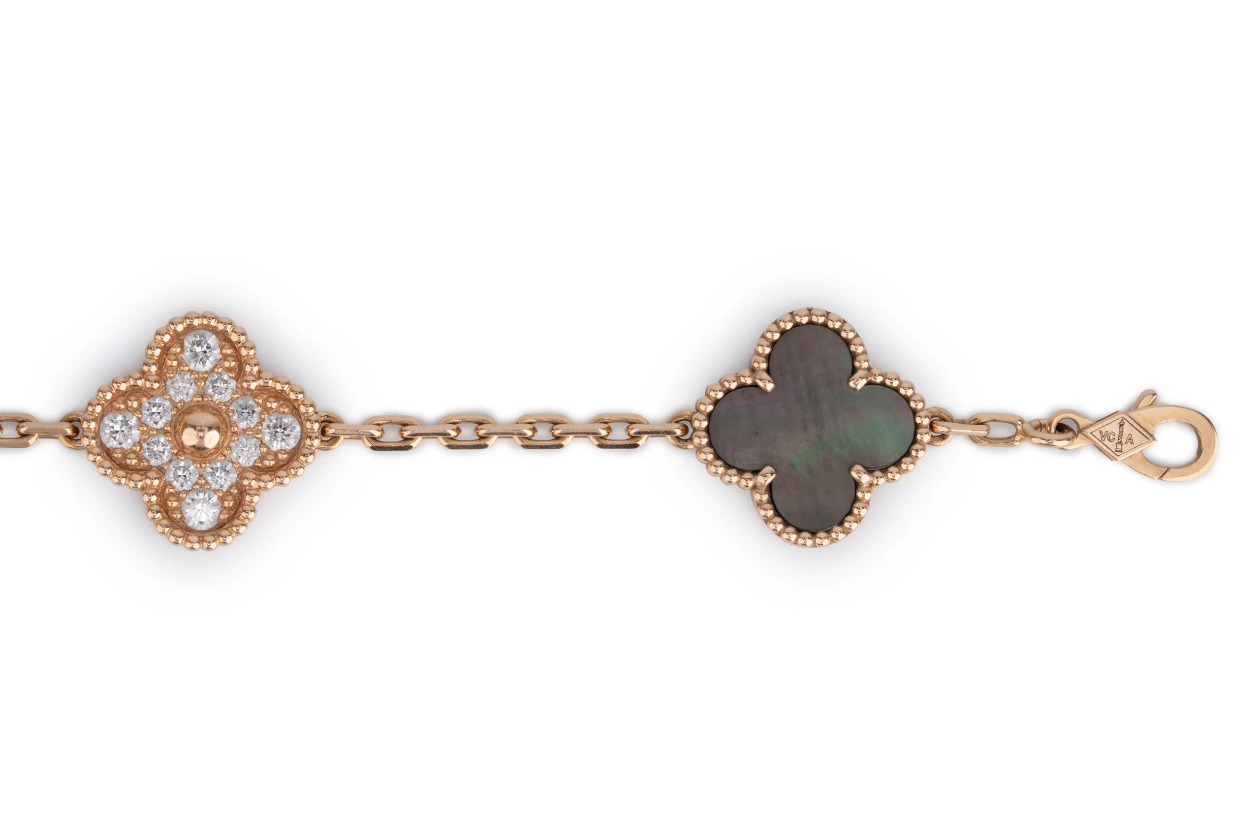 Van Cleef And Arpels Vintage Alhambra Bracelet	5 Motif	Rose Gold	Gray Mop & Diamond - Image 6