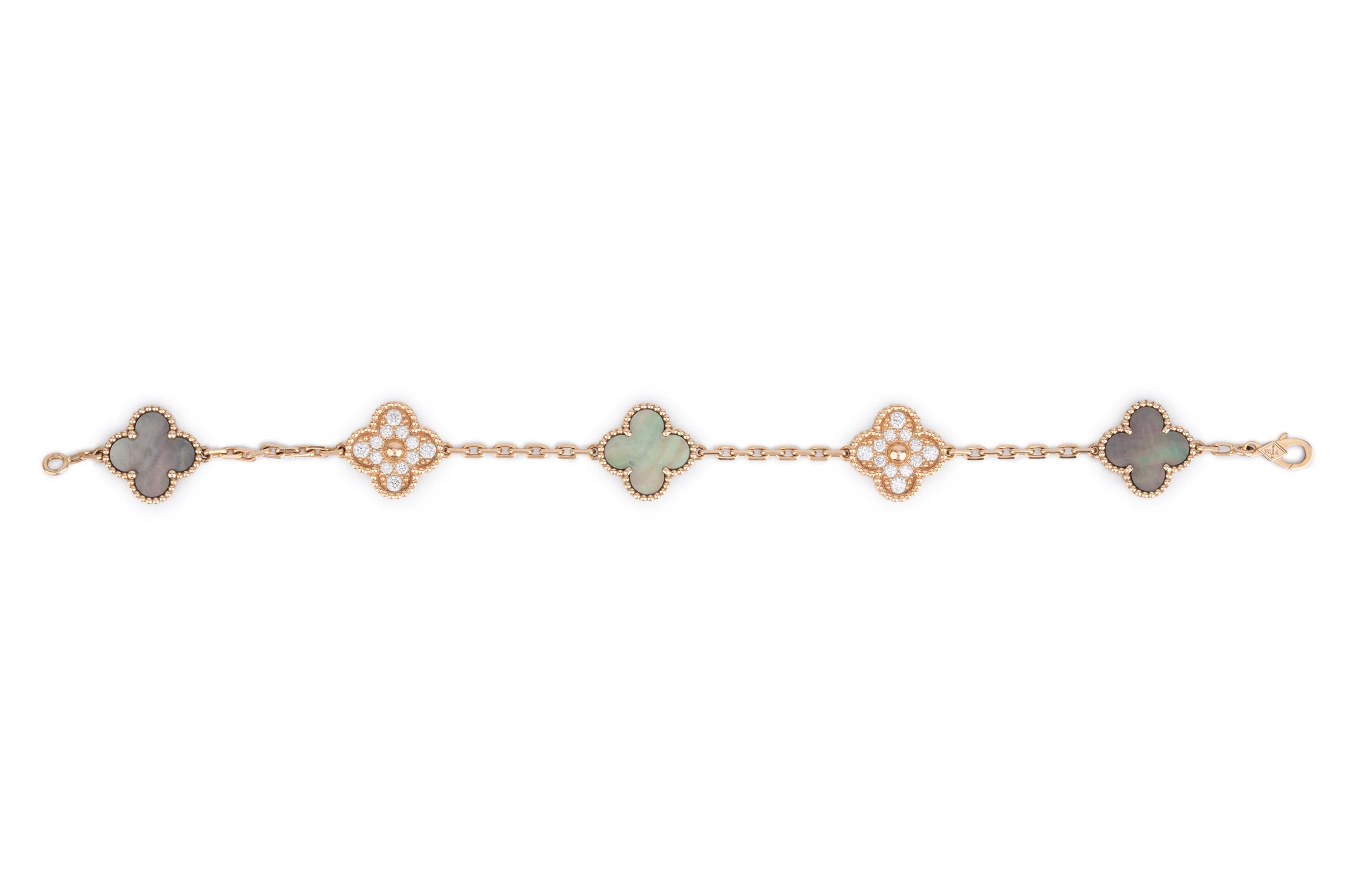 Van Cleef And Arpels Vintage Alhambra Bracelet	5 Motif	Rose Gold	Gray Mop & Diamond - Image 7